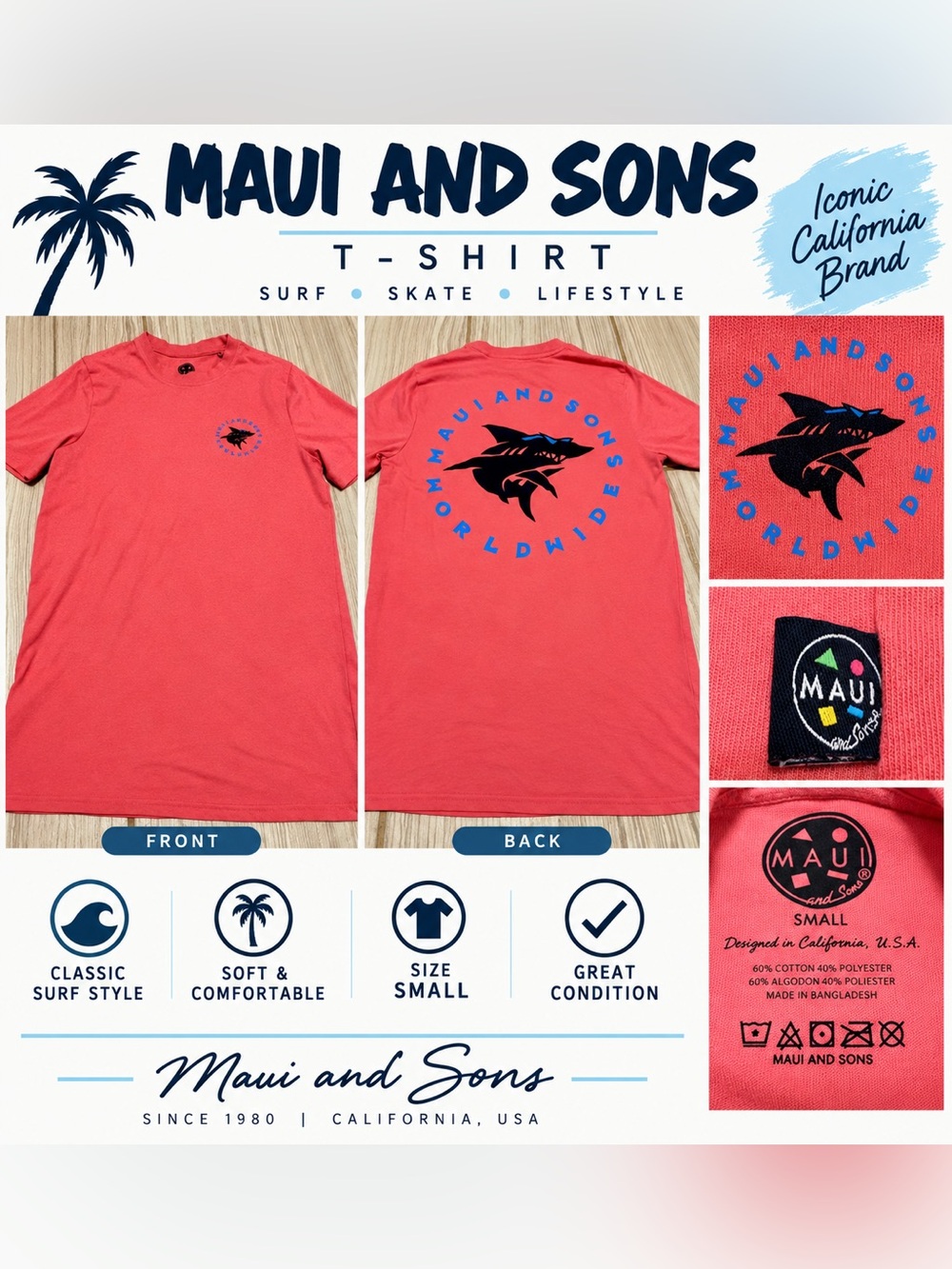 Maui and Sons Coral Short-Sleeve Tee with Navy Shark Graphic